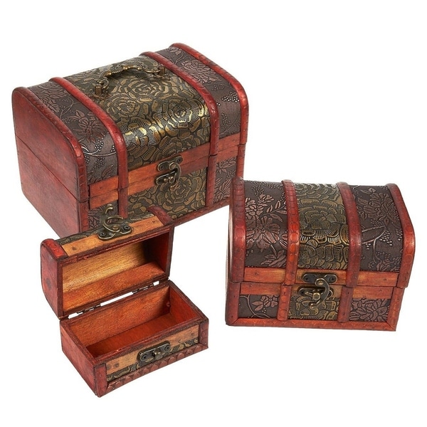 3 Piece Wooden Treasure Box - Keepsake Box - Treasure Chest with Flower