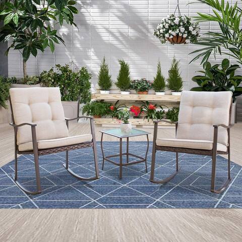SOLAURA Outdoor 3-Piece New Rocking Wicker Patio Bistro Set