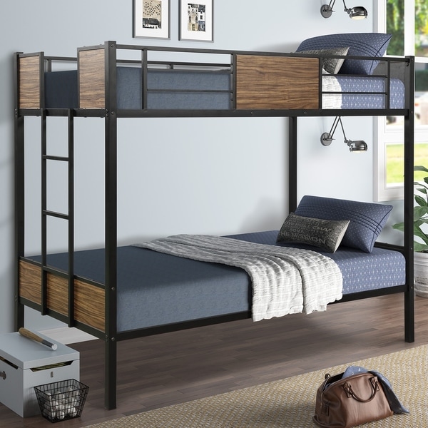 Twin Over Twin Bunk Bed Modern Style Steel Frame with Safety Rail