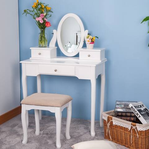 Copper Grove Alcea White Wooden Vanity with Makeup Table and Stool