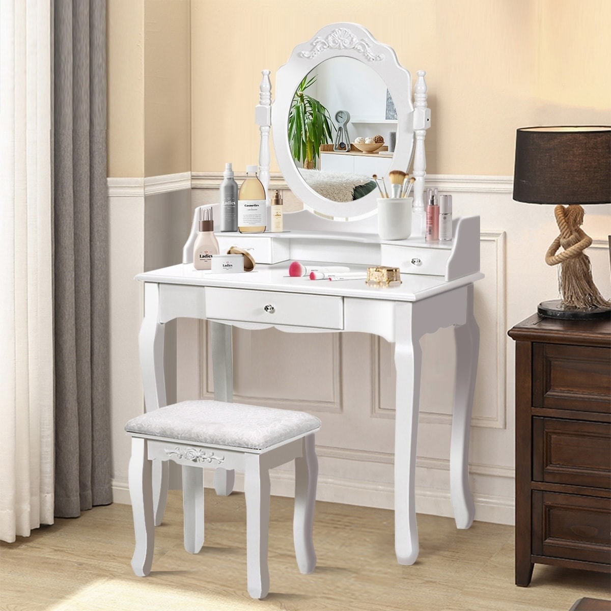 White Vanity Makeup Dressing Table Set W/Stool 4 Drawer& Jewelry Box Christmas 