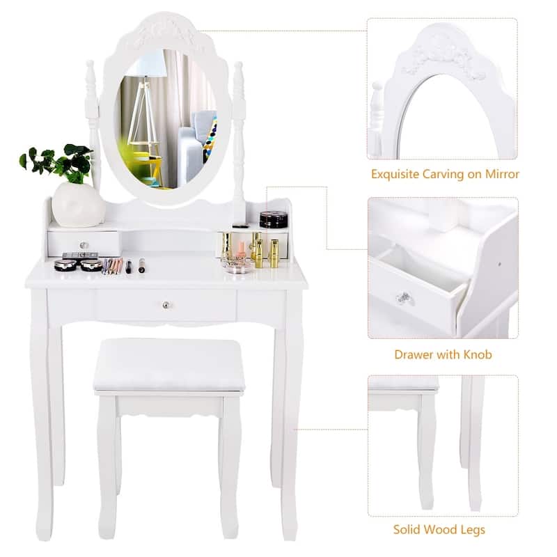 Vanity Mirrored Wood Makeup Dressing Table Stool Set Black/ White
