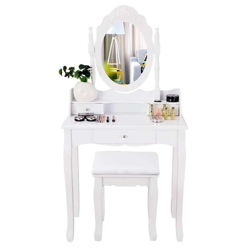Vanity Mirrored Wood Makeup Dressing Table Stool Set Black/ White
