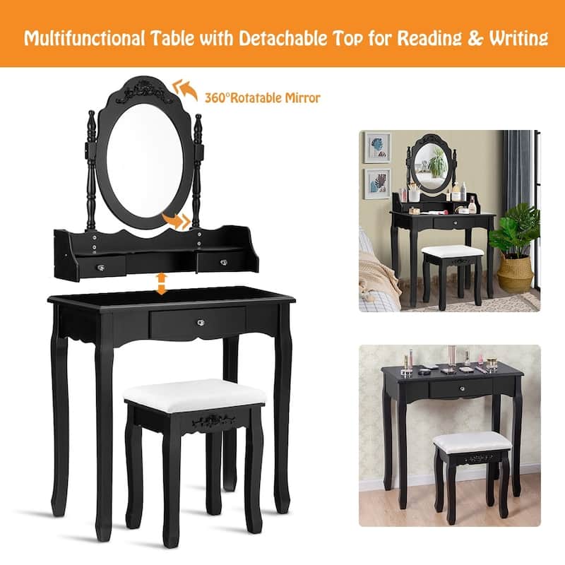 Vanity Mirrored Wood Makeup Dressing Table Stool Set Black/ White