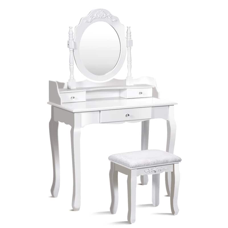 Vanity Mirrored Wood Makeup Dressing Table Stool Set Black/ White - White