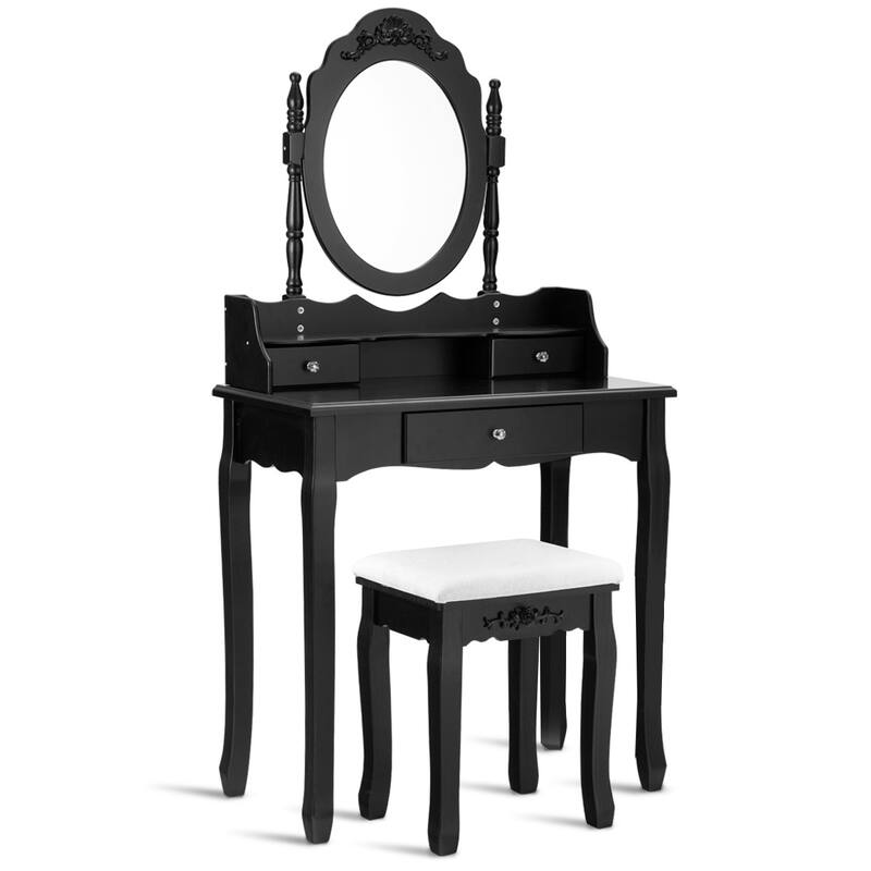Vanity Mirrored Wood Makeup Dressing Table Stool Set Black/ White