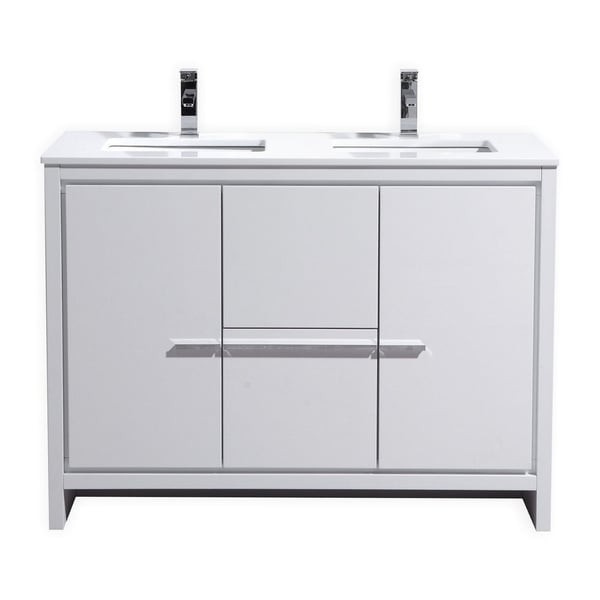 Dolce 48″ Double Sink High Gloss White Modern Bathroom Vanity with White Quartz Countertop