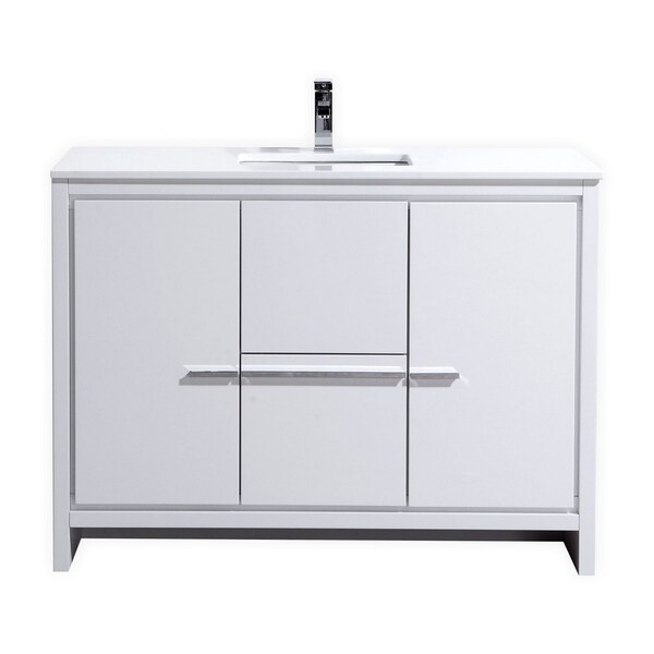 Dolce 48″ High Gloss White Modern Bathroom Vanity with White Quartz Countertop