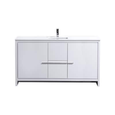 Dolce 60″ High Gloss White Modern Bathroom Vanity with White Quartz Countertop