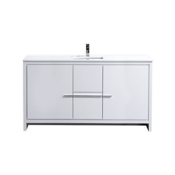 Dolce 60″ High Gloss White Modern Bathroom Vanity with White Quartz Countertop