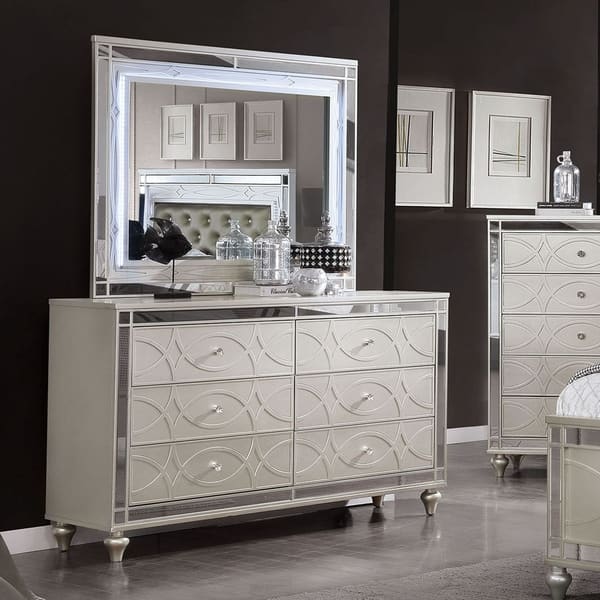 silver nightstand and dresser LOGAN SILVER KING BED, DRESSER, MIRROR AND NIGHTSTAND