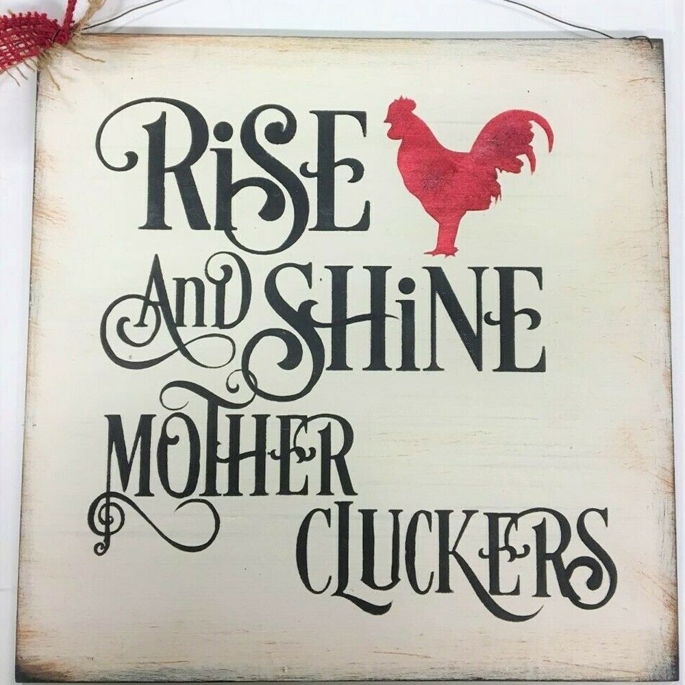 Rise Shine Mother Cluckers White Sign Wall Plaque Hanging Farm Country Chickens 