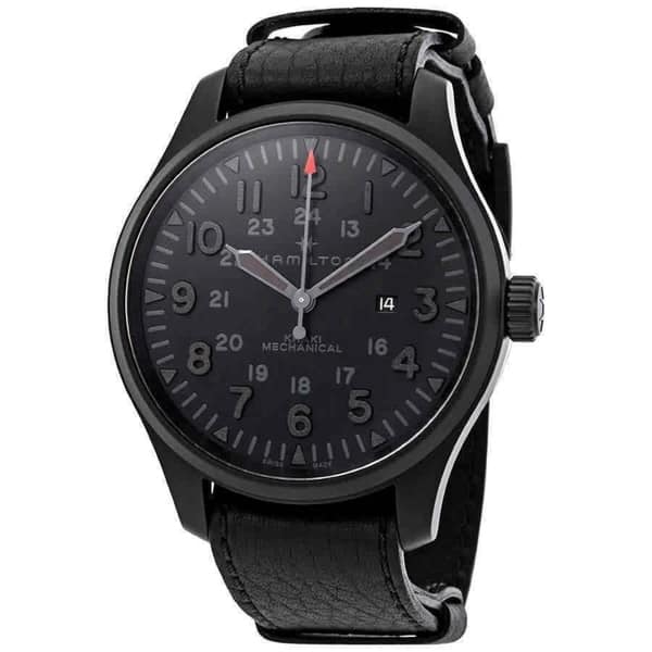 slide 1 of 1, Hamilton Men's 'Khaki Field' Black Leather Watch