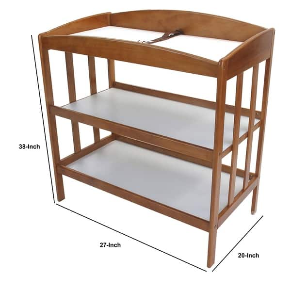 Wooden Changing Table with 2 Bottom Shelves and Slatted Sides, Brown