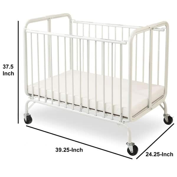 Slatted Foldable Metal Crib with Casters and Acrylic Panels, White