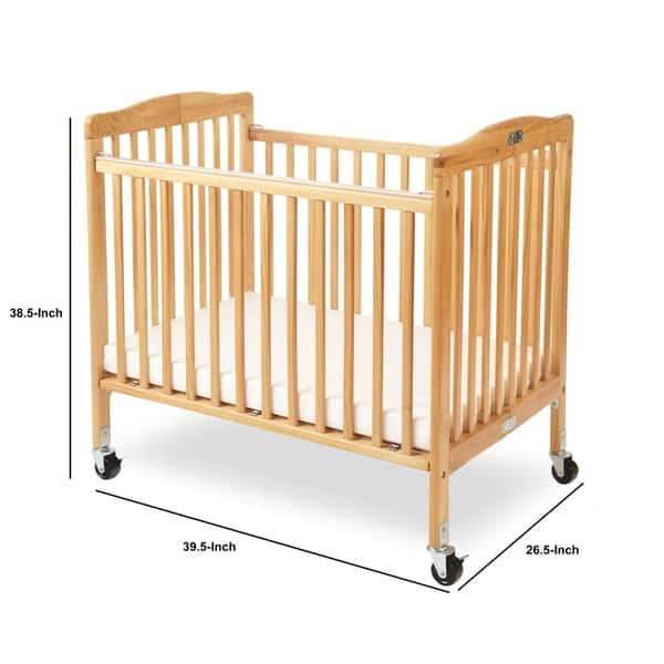 Slatted Foldable Wooden Crib with Caster Support, Natural Brown