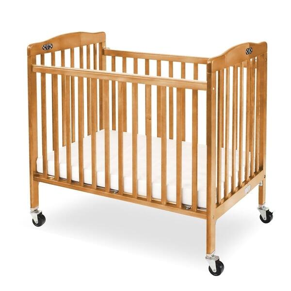 slide 2 of 5, Slatted Foldable Pocket Wooden Crib with Casters Support,Natural Brown