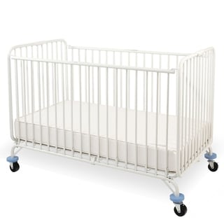 Slatted Full Size Metal Crib with Folding Mechanism and Casters, White