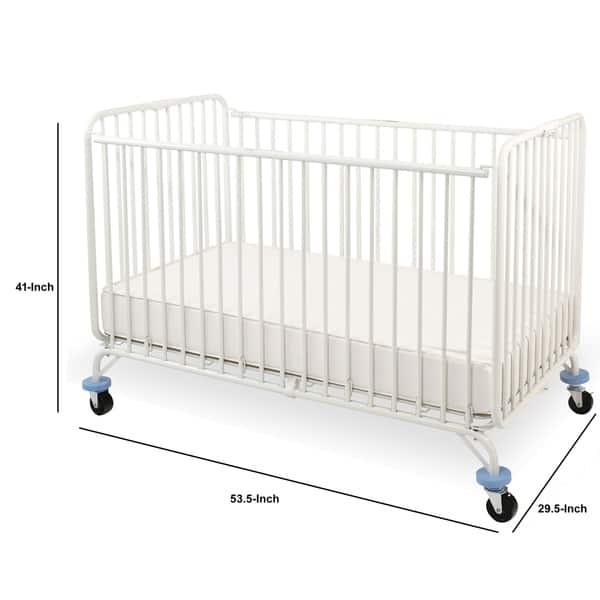 Slatted Full Size Metal Crib with Folding Mechanism and Casters, White