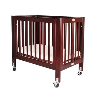 Foldable Wooden Crib with Slatted Details and Casters, Cherry Brown