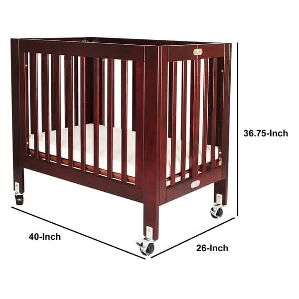 Foldable Wooden Crib with Slatted Details and Casters, Cherry Brown