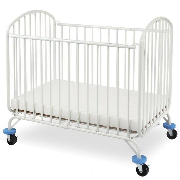 slide 2 of 5, Arched and Slatted Metal Crib with Folding Mechanism and Casters,White