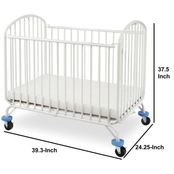 Arched and Slatted Metal Crib with Folding Mechanism and Casters,White