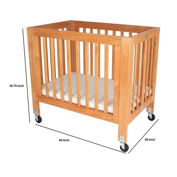 Slatted Wooden Crib with Folding Mechanism and Caster, Natural Brown