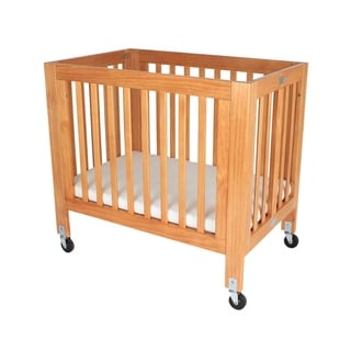 Slatted Wooden Crib with Folding Mechanism and Caster, Natural Brown