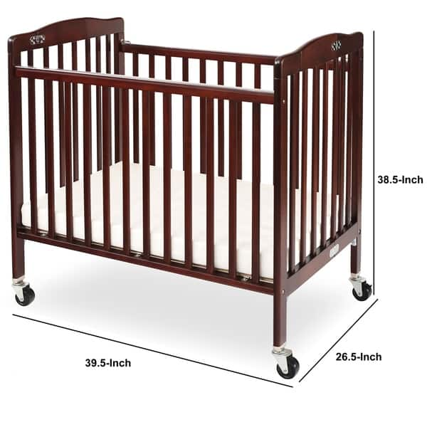 Slatted Foldable Pocket Wooden Crib with Casters Support, Cherry Brown