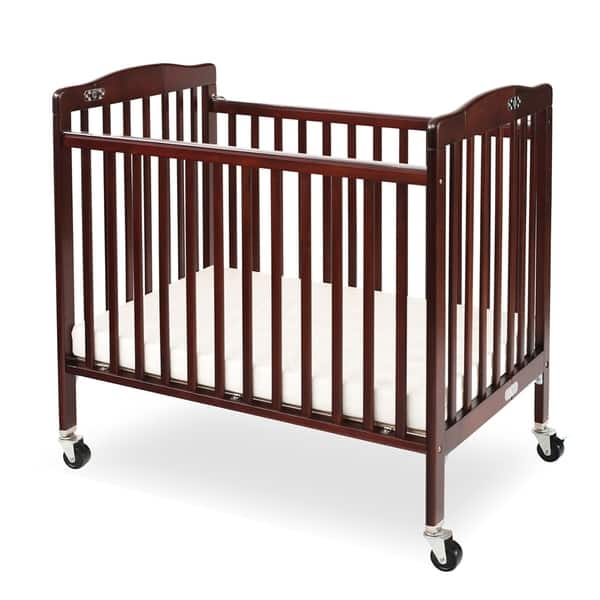 slide 2 of 5, Slatted Foldable Pocket Wooden Crib with Casters Support, Cherry Brown