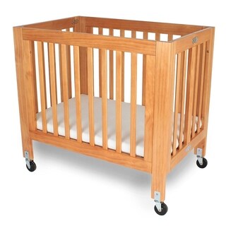 Slatted Foldable Wood and Metal Crib with Casters, Natural Brown