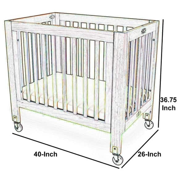 Slatted Foldable Wood and Metal Crib with Casters, Natural Brown