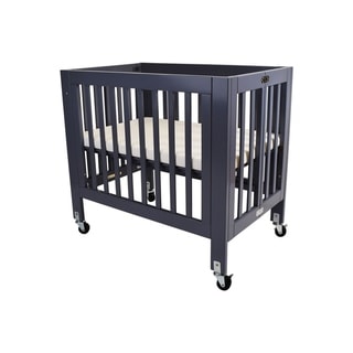 Foldable Wood and Metal Crib with Casters and Slatted Details, Gray