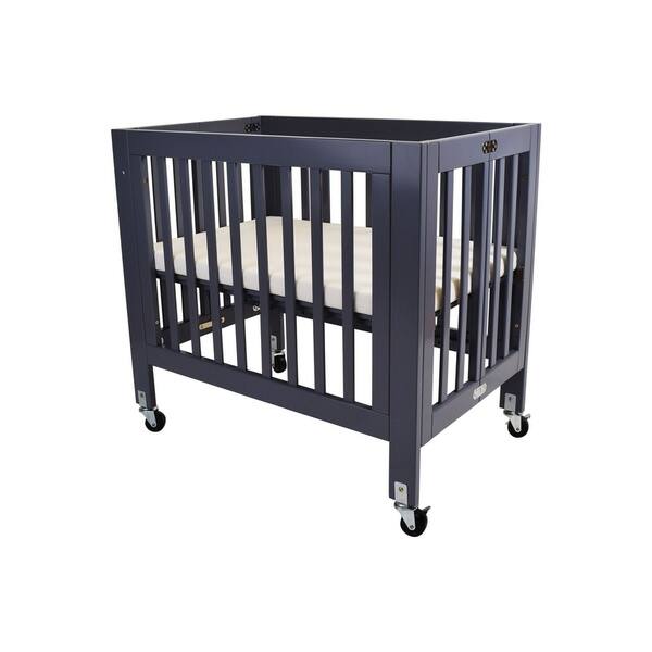 slide 2 of 4, Foldable Wood and Metal Crib with Casters and Slatted Details, Gray