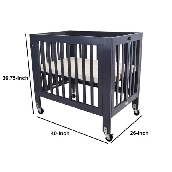 Foldable Wood and Metal Crib with Casters and Slatted Details, Gray