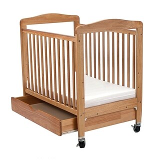 Slatted Wooden Window Crib with Casters and 1 Drawer, Brown and Black