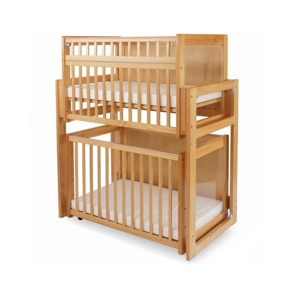 slide 2 of 5, Modular Dual Level Slatted Crib with Acrylic Panels, Brown and Clear