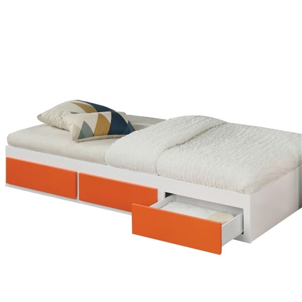 Wooden Twin Size Trundle Bed With Three Drawers White And Orange Overstock 30380734