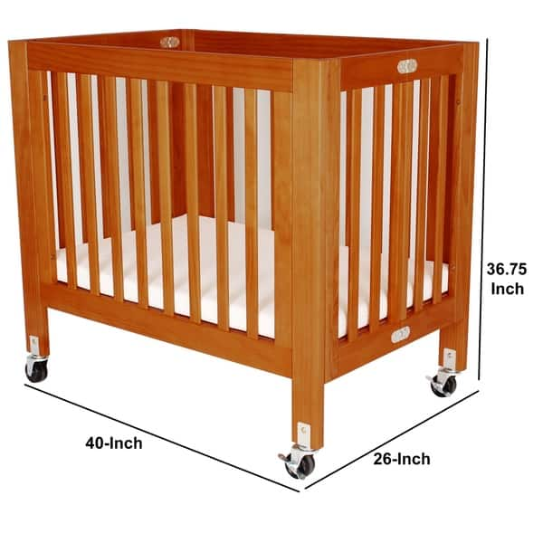 Foldable Wood and Metal Crib with Casters and Slatted Details, Brown