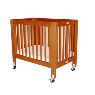 Foldable Wood and Metal Crib with Casters and Slatted Details, Brown