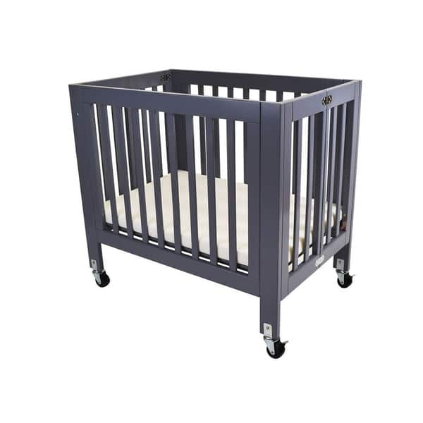 slide 2 of 5, Slatted Wooden Crib with Folding Mechanism and Casters Support, Gray