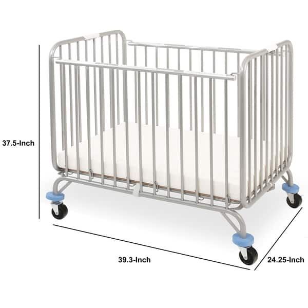 Slatted Metal Crib with Folding Mechanism and Casters, Large, Silver