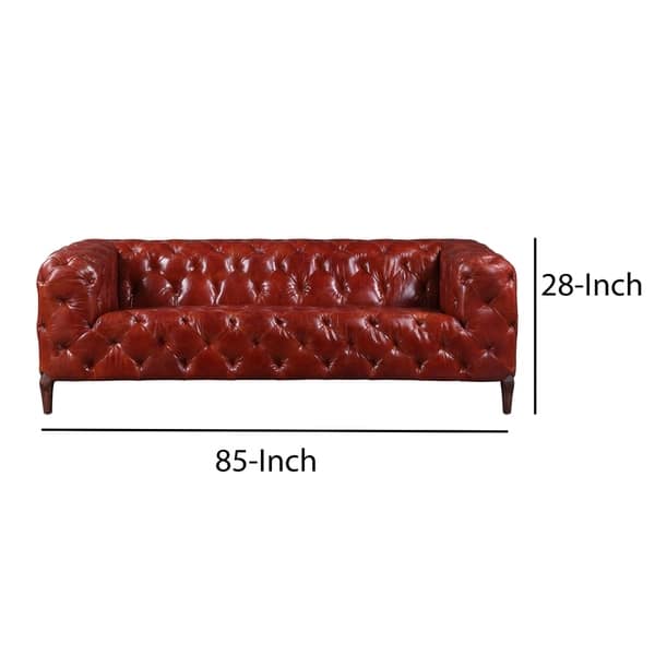 Leatherette Sofa with Tufted Detail and Tapered Legs, Red and Brown