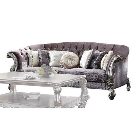 Velvet Upholstered Tufted Sofa with Carved Details, Purple and Silver