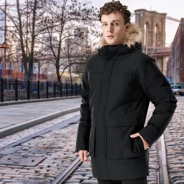 Men's Down Jacket Hooded Puffer Coat Removable Faux Trim Black. Opens flyout.