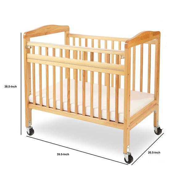 Slatted Wooden Crib with Casters and Safety Gate, Brown and Clear