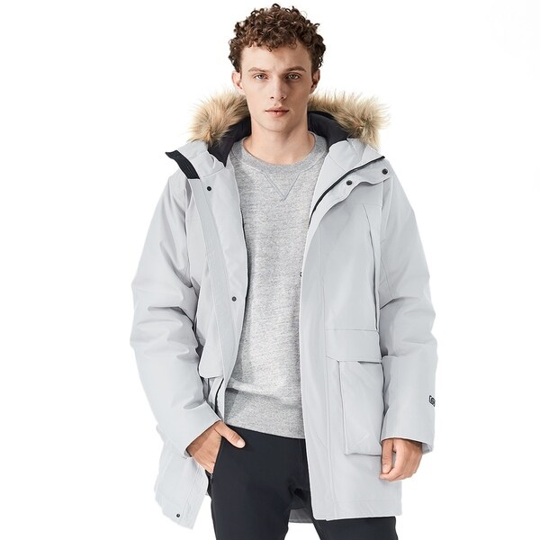 mens white puffer jacket with fur hood