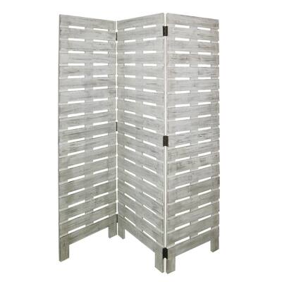 Textured 3 Panel Foldable Wooden Screen with Slats, Gray