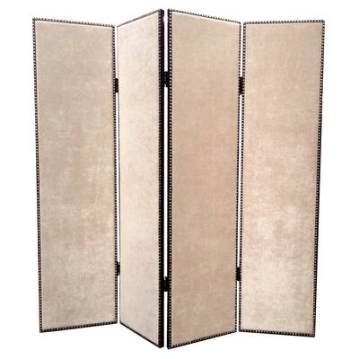 4 Panel Foldable Fabric Screen with Nailhead Trims, Beige and Black